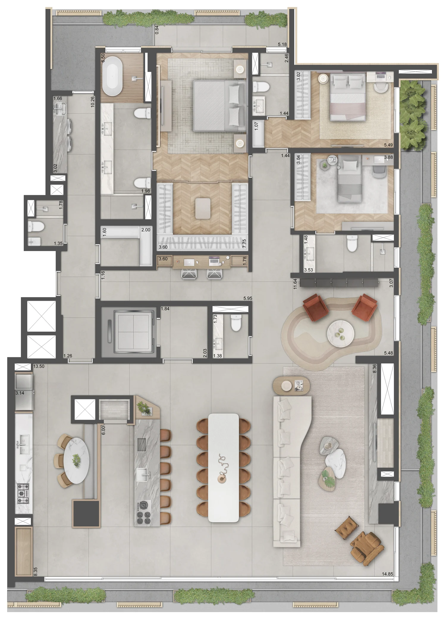 Planta de 342 m², 3 suítes com living estendido