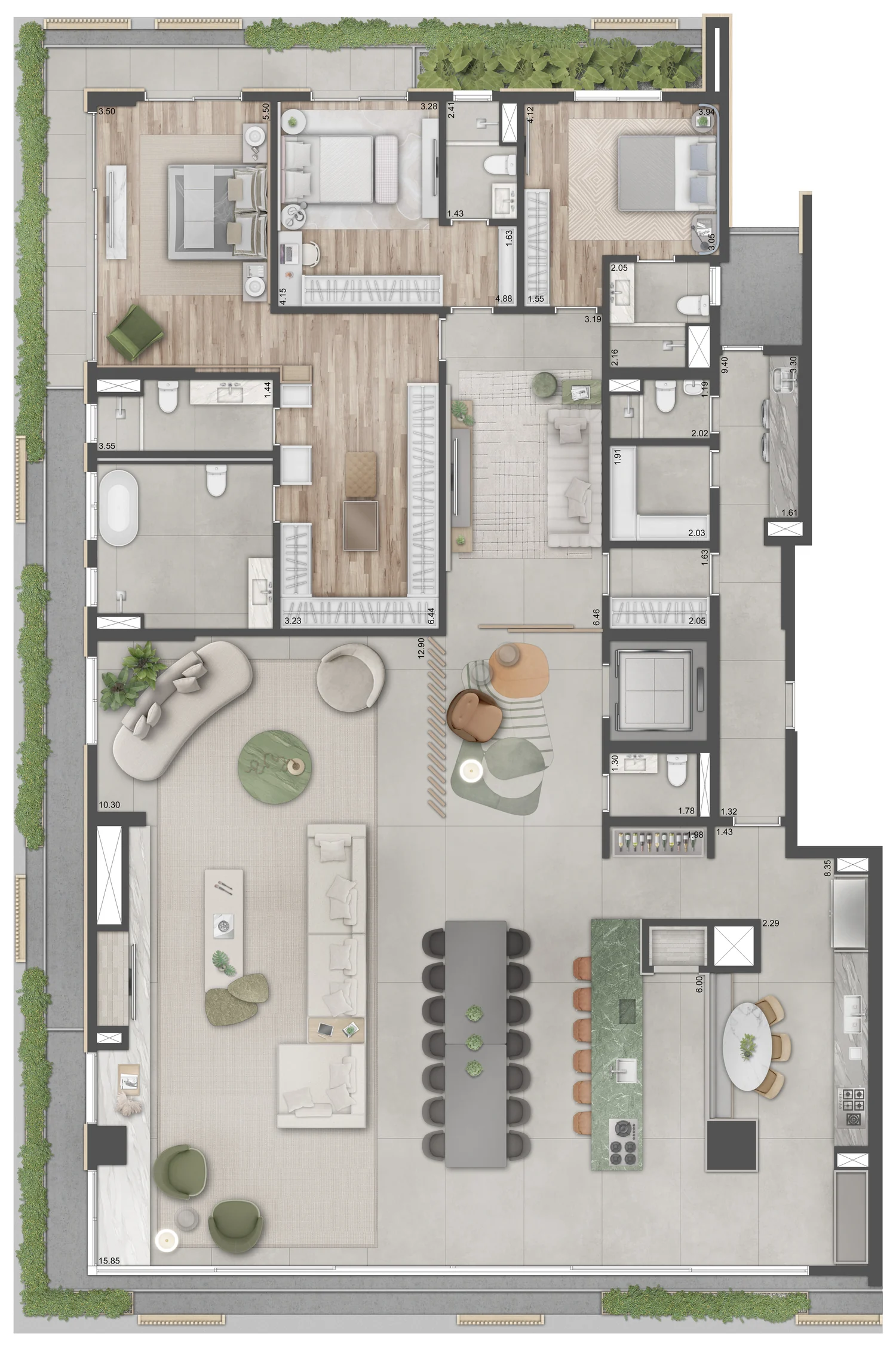 Planta de 426 m², 3 suítes com living estendido