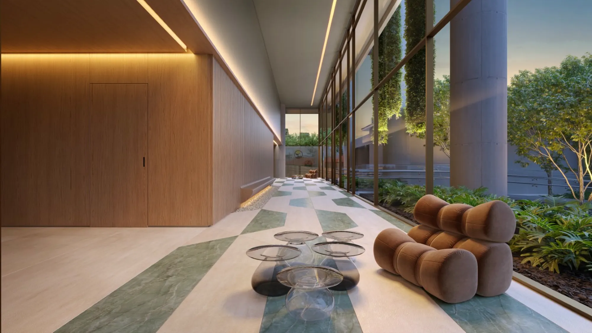 Lobby, corredor com jardim vertical
