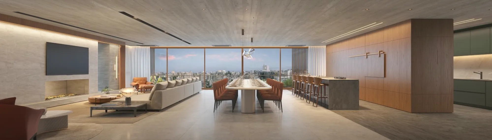 Living, jantar e bancada da cozinha